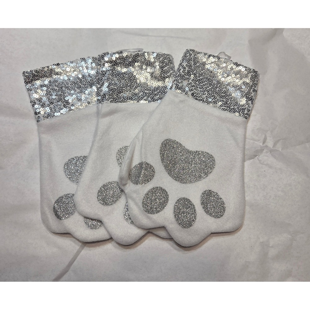 3-Pet StockingsSparkle Sequin Paw Print Mittens White Silver Cute Holiday Gift